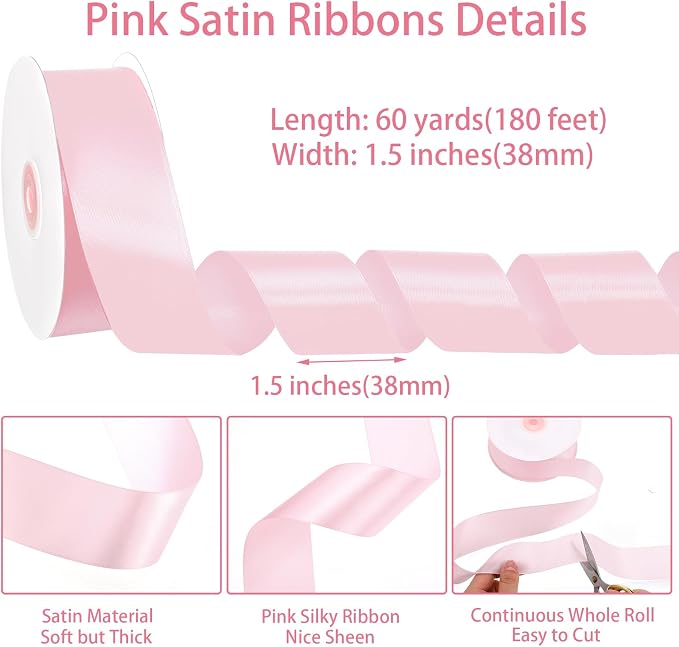 woric Pink Satin Ribbon 1 1/2 Inch 60 Yards Light Pink Bows | Wedding Decor - Image 2