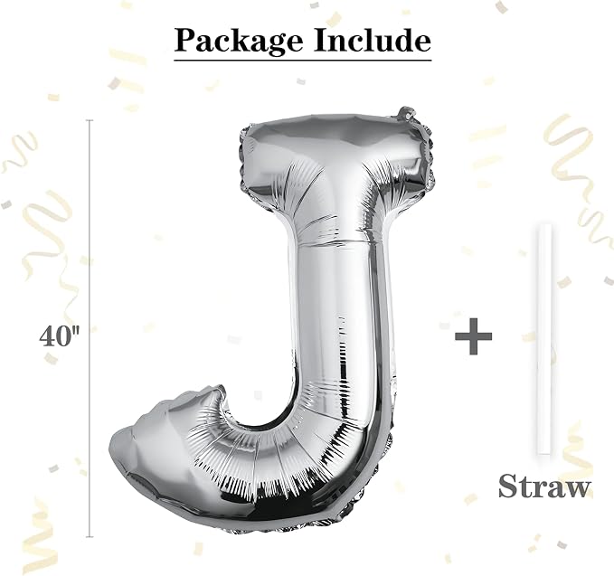 40 inch Silver Letter J Balloon, Big Size Alphabet Foil Mylar Helium Balloons - Image 2