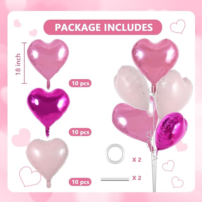 TONIFUL 30 Pcs 18 Inch Pink Hot Pink Baby Pink Heart Shape Foil Balloons | - Image 2