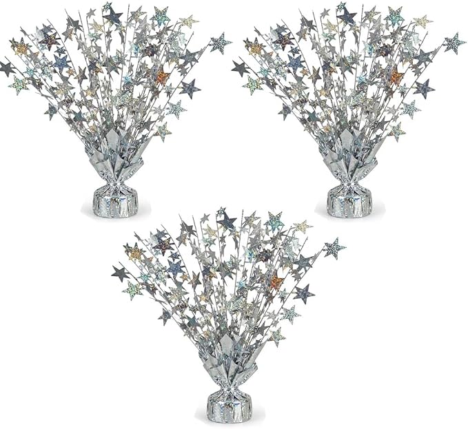 PMU 3 Pack Bursting Star Metallic Foil Spray Centerpiece- Silver Prismatic by PMU
