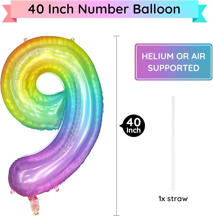 40 Inch Rainbow Number Balloon 9, Large Number Foil Balloons Mylar - Image 2