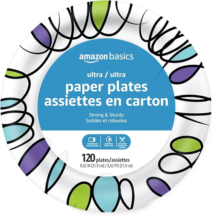 Amazon Basics Ultra Paper Plates, 8.62 Inch, Disposable, 120 Count