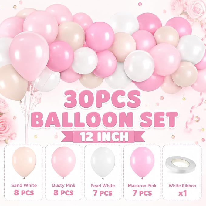Light Pink Balloons, 12 Inch Pastel Macaron Pink and White Sand Nude Beige - Image 2