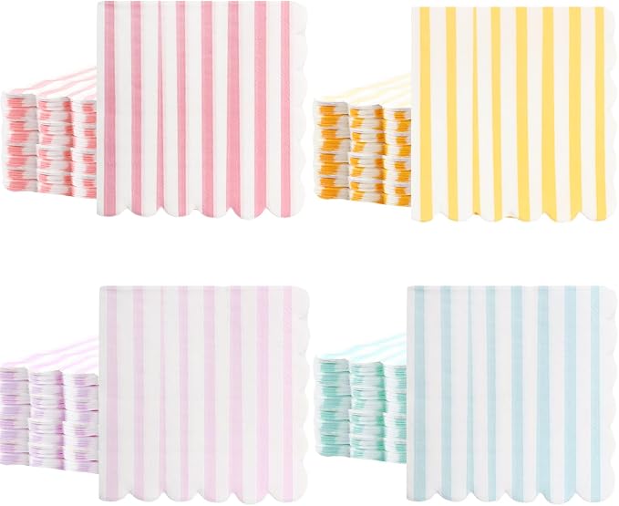 Tenceur 100 Pack Scalloped Pastel Napkins Mixed Stripe Ice Cream 5 x 5 Inch by Tenceur