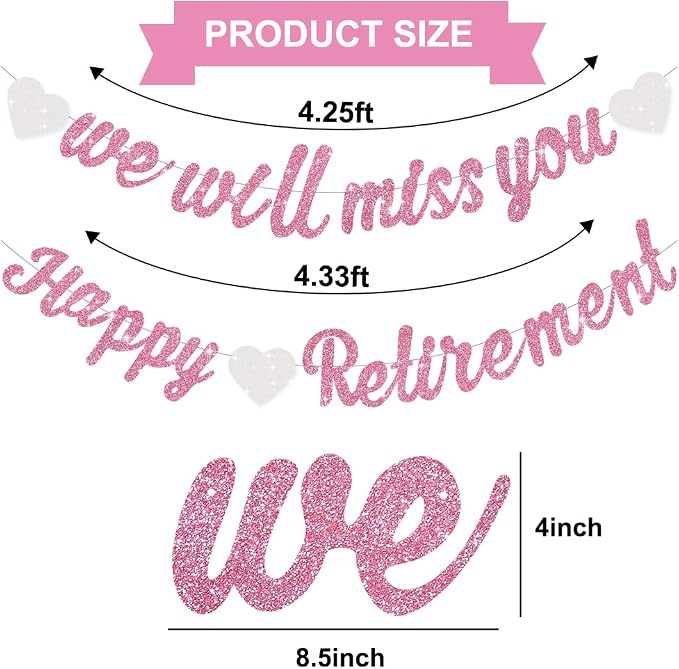 Glitter Pink Happy Retirement We Will Missed You Banner Pre-Strung Retirement - Image 3