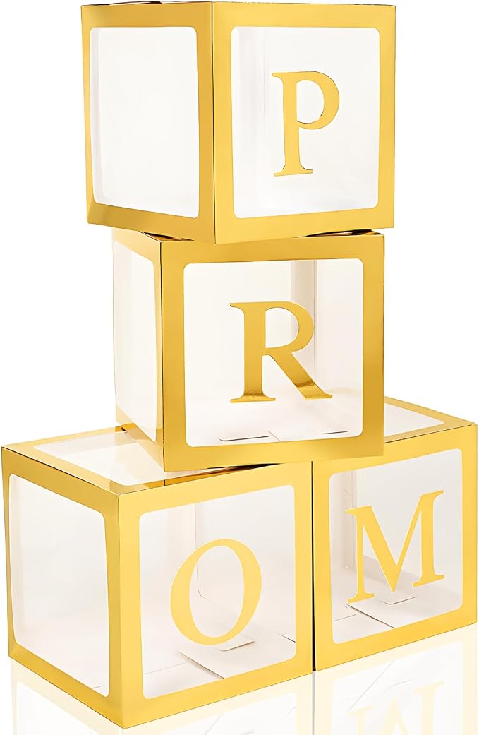 4 Pcs Prom Boxes with Letters 11.8 x 11.8 x 11.8 Inch Clear Balloon Boxes by Trandraft