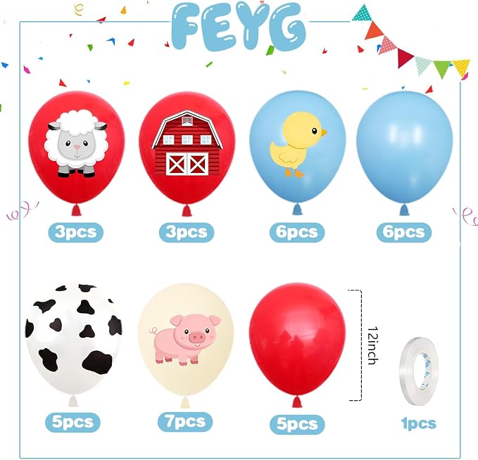 Red and Blue Farm Balloons, 12 Inch Farm Animal Balloons - Image 2
