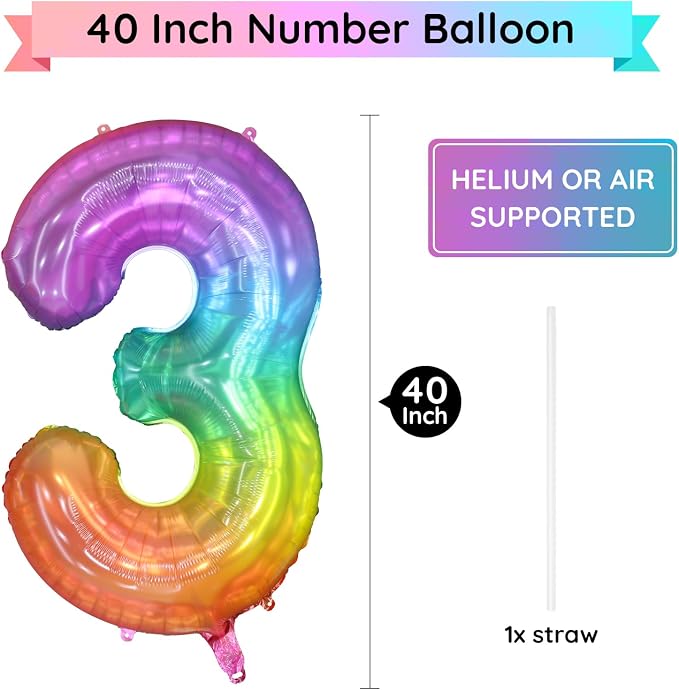 40 Inch Rainbow Number Balloon 3, Large Number Foil Balloons Mylar - Image 2