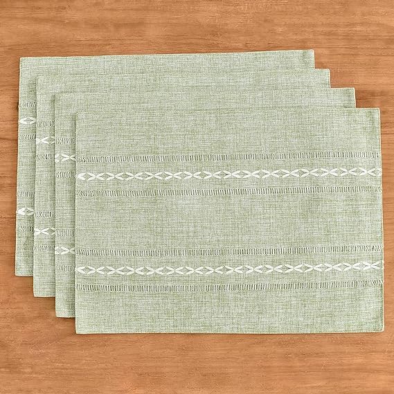Wracra Cotton Linen Place Mats, Sage Green Embroidered Placemats Set of 6 | - Image 6