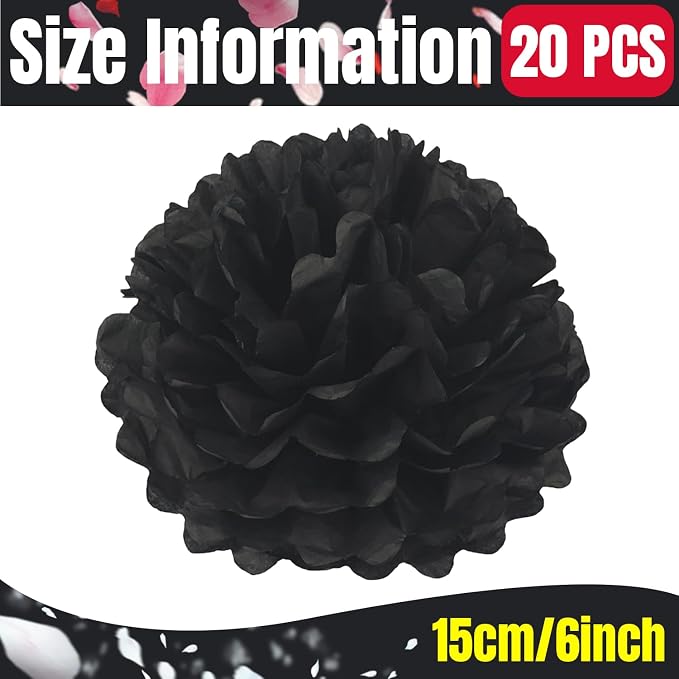 Qimoo 20pcs Black Paper Pom Poms Decorations, DIY Decorative Tissue Paper - Image 2