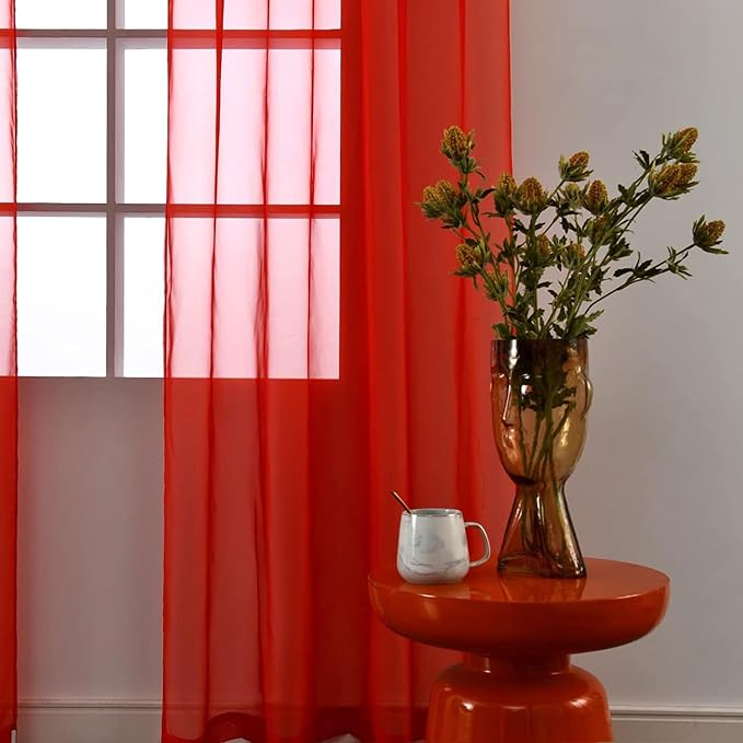 SpaceDresser Sheer Red Curtains 4 Panels Rod Pocket Semi-Sheer Curtain 45 - Image 5