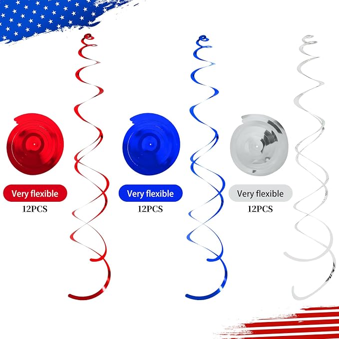 36PCS Red Blue Silver Hanging Swirl, Sparkle Ceiling Hanging Decorations - Image 3