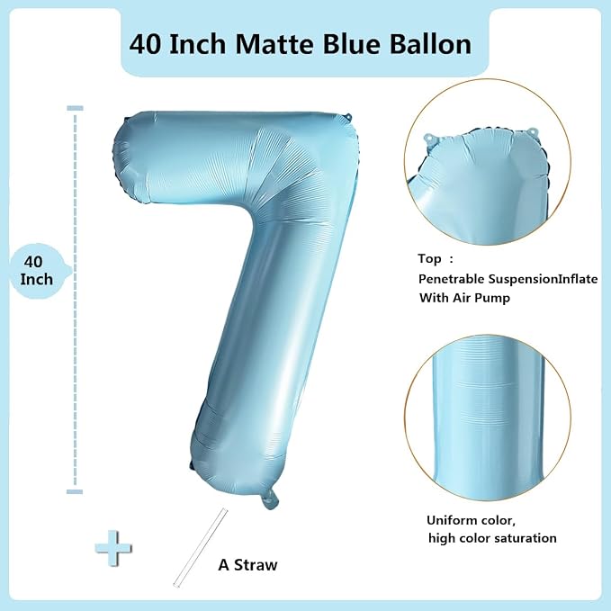 40 Inch Matte Blue 7 Number Balloons Light Blue Number 7 Foil Balloon Mylar - Image 2