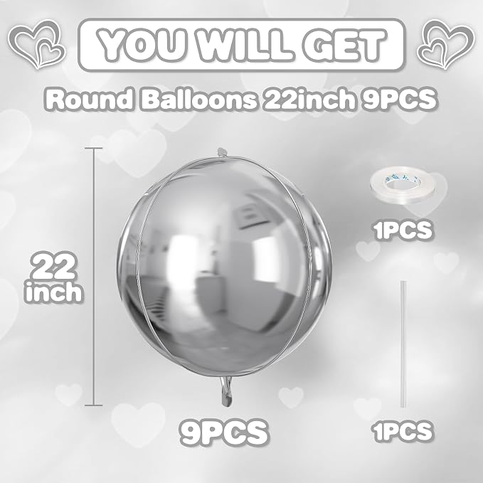 Silver Round Foil Balloons 9 pcs, Metallic Silver Giant 4D Round Balloons 22 - Image 2