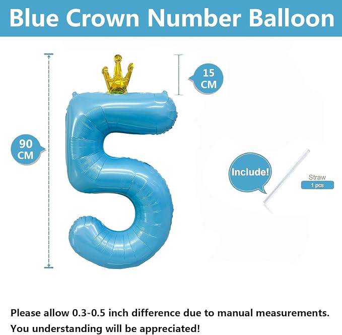 Blue Number 5 Balloon with Crown, 40 inch Blue Number Balloon 5th Birthday - Image 2
