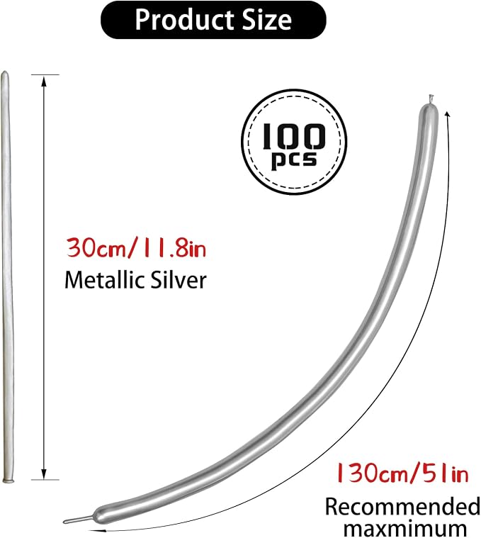 Silver Metallic 260 long Balloons 100 Pack Modeling Long Magic Balloons Shiny - Image 3
