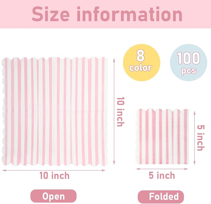 Tenceur 100 Pack Scalloped Pastel Napkins Mixed Stripe Ice Cream 5 x 5 Inch - Image 2