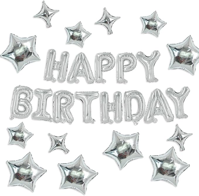 TONIFUL 35PCS Silver Happy Birthday Decorations 16 Inch Happy Birthday Balloon by TONIFUL