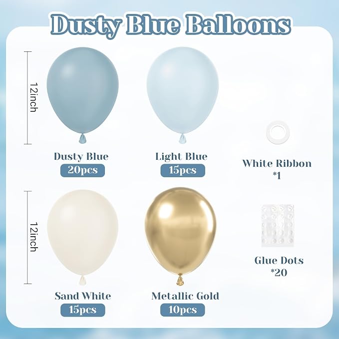 60pcs Dusty Blue Balloons with 12inch Sand White Metallic Gold Balloons | - Image 2