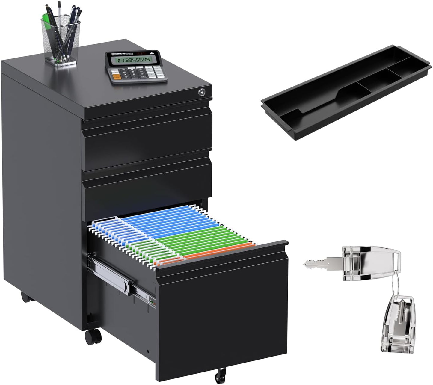 Aobabo Steel 3 Drawer Mobile File Cabinet with Lock, Under Desk Metal Filing Cabinet, 23.6''H A4/Legal/Letter Size Fully Assembled Except Wheels, Black