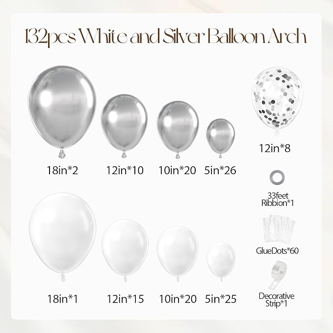 132pcs Silver and White Balloon Arch Kit Different Sizes of 18 12 10 Inch | - Image 2