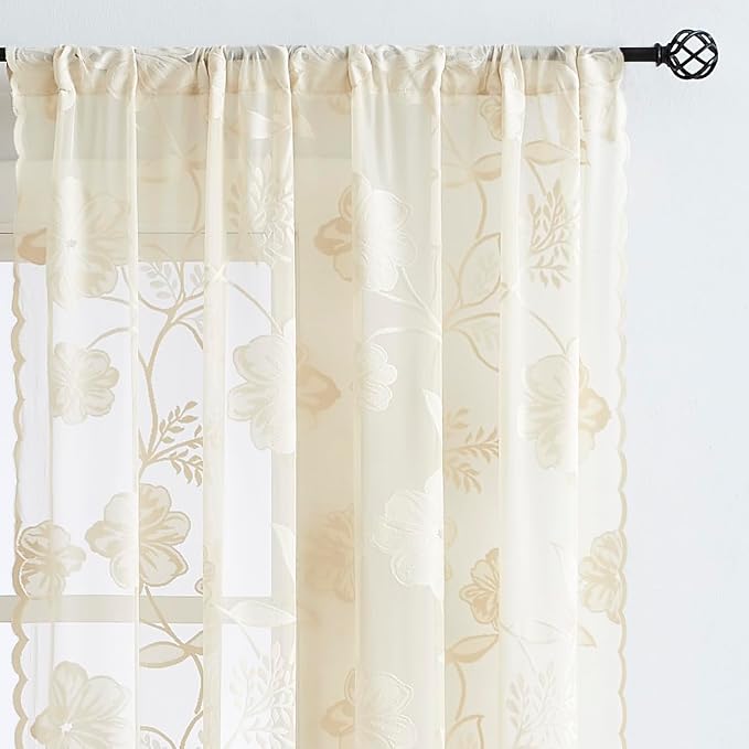 Beige Lace Sheer Curtains for Bedroom Living Room 95 Inch Length Light - Image 7