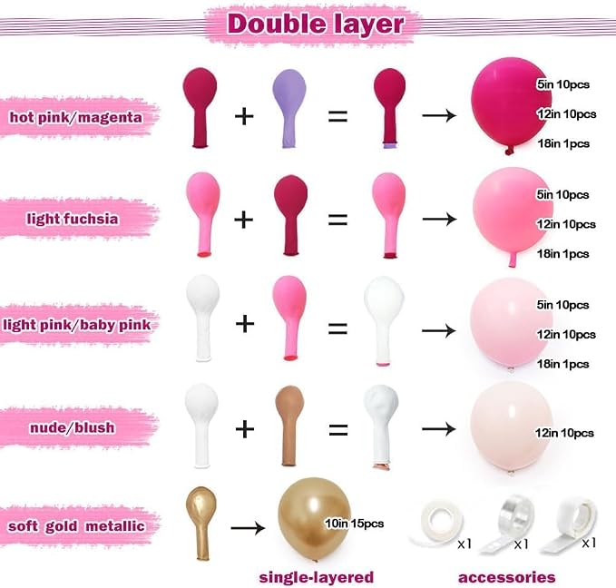 Hot Pink Balloon Arch Kit Double Stuffed, Dark Light Pink Magenta Blush Gold - Image 4