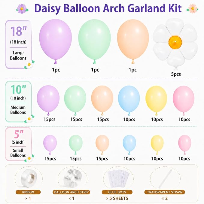 Daisy Balloon Garland Arch Kit 158Pcs, Pastel Rainbow Daisy Balloon Arch Kit - Image 2