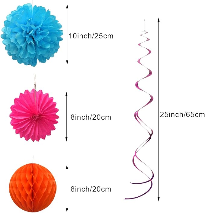 Colorful Paper Party Decorations, Tissue Paper Flower&Party Pom Poms wth Swirl - Image 5