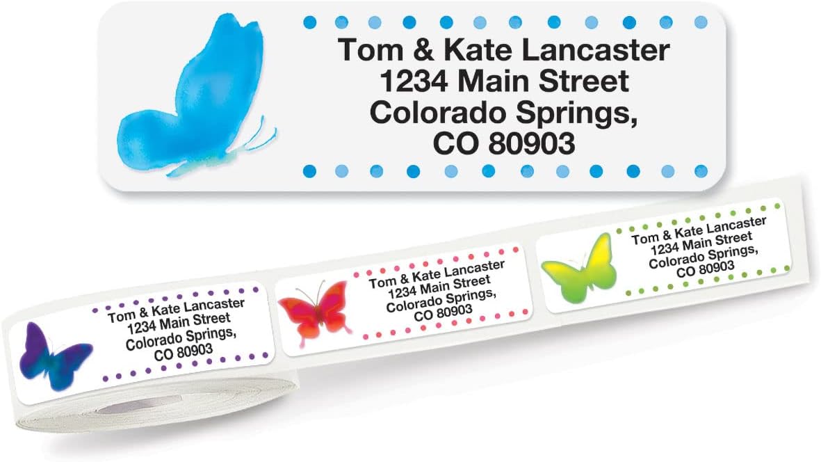 Watercolor Butterflies Rolled Personalized Return Address Mailing Labels with Dispenser, Set of 250, 5 Designs, Small ¾ x 2½ Inch Size, Custom Self-Adhesive Sticker Roll, by Colorful Images