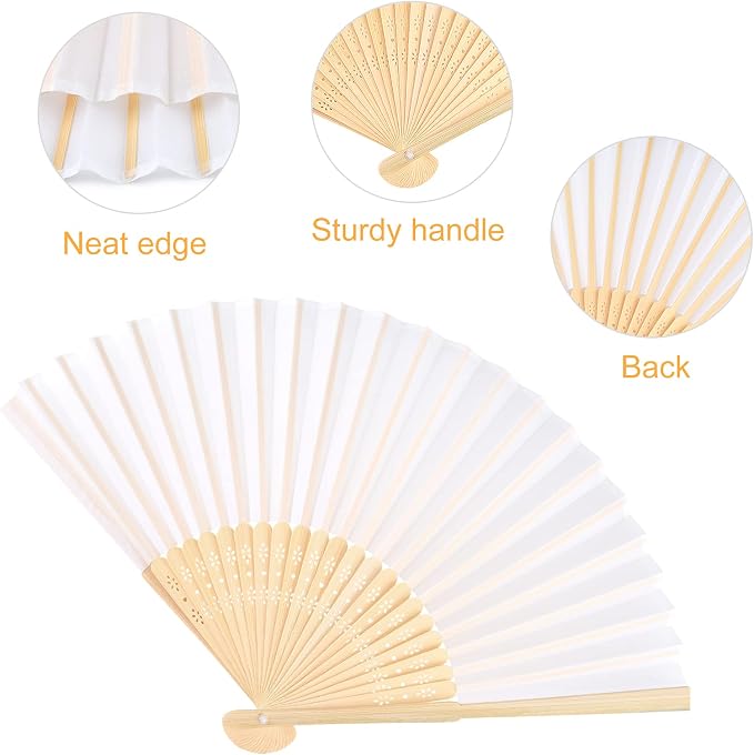 FEPITO 50 Pieces White Handheld Paper Fan | Paper Folding Fans - Image 3