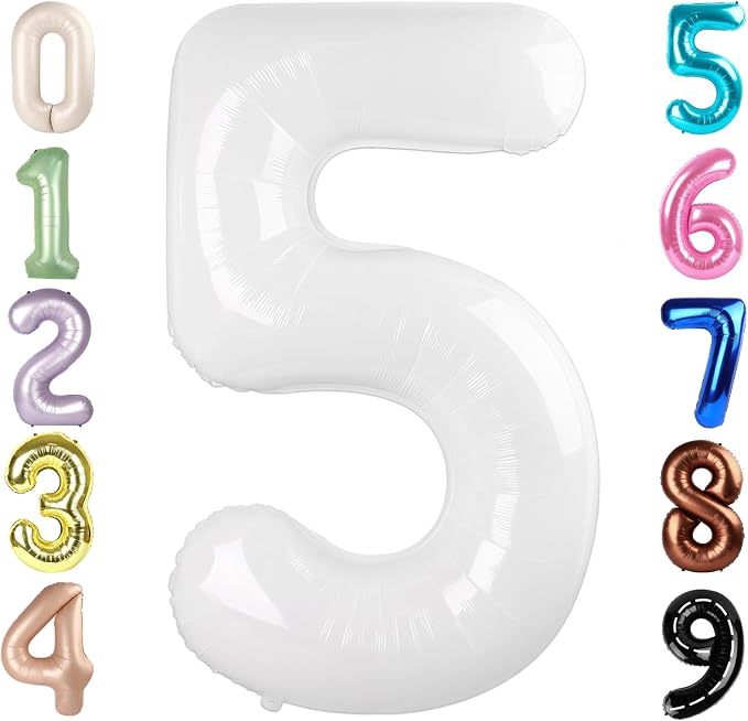 5 Balloon Numbers Birthday Decorations, 40In White Balloons by Mluchee