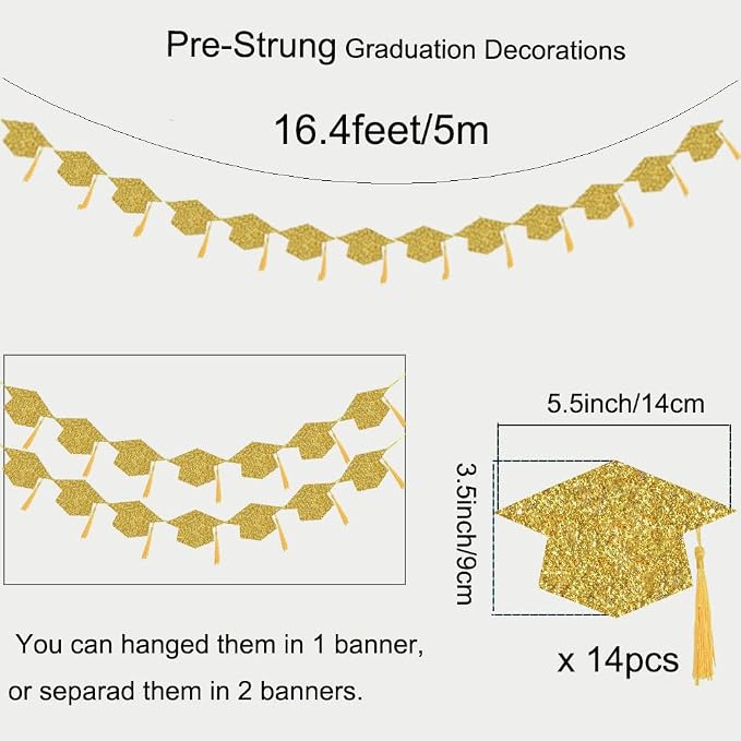 2026 Graduation Hats Decoration Banners Gold Glitter Graduation Cap Banners | - Image 6