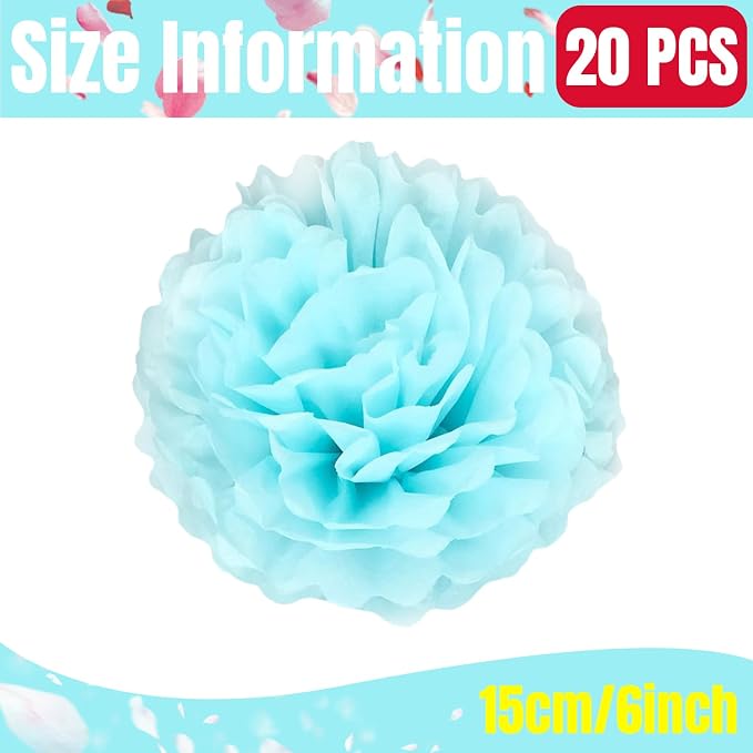 Qimoo 20pcs Light Blue Paper Pom Poms Decorations, DIY Decorative Tissue Paper - Image 2