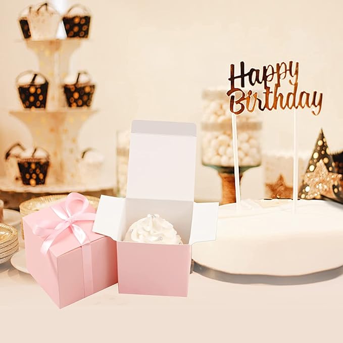 COTOPHER 25pcs Pink Wedding Favor Boxes, 3x3x3 Inch Gift Boxes with Ribbons for Wedding, Baby Shower, Birthday, Bridal Shower