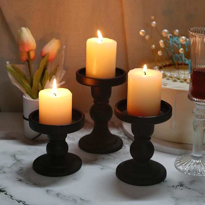6-Piece Set of Black Glass Candlestick, Crystal Candlestick Holder Holder and Conical Candle, Christmas Candle Holder Decoration, Family Living Room Wedding Candle Holder (black2sets)