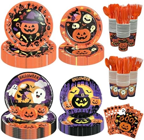 UJoyant 350 PCS Halloween Plates and Napkins Sets, Halloween Party Supplies Includes Disposable Plates Dessert Plates Napkins Cups Plastic Knives Forks Spoons Disposable Dinnerware Set (50 Guest) by UJoyant