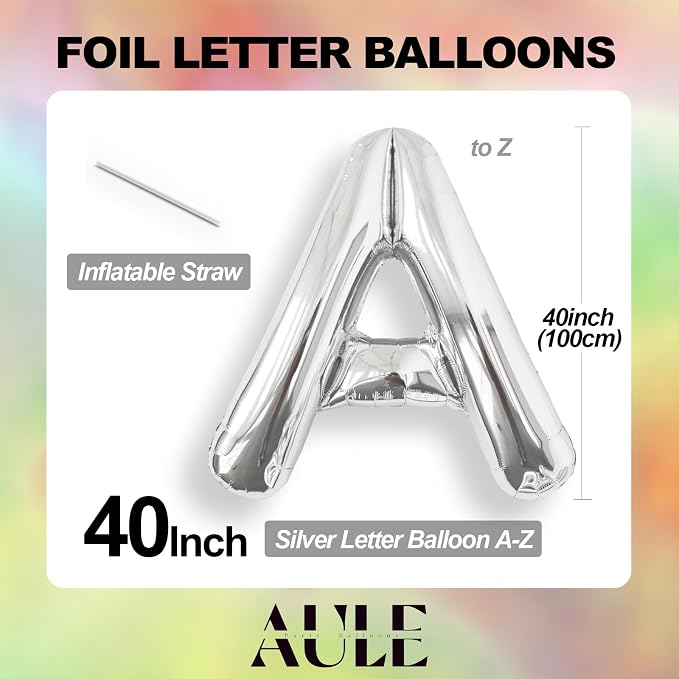 AULE 40 Inch Silver R Balloon Letter Foil A-Z Birthday Big Alphabet | Birthday - Image 6