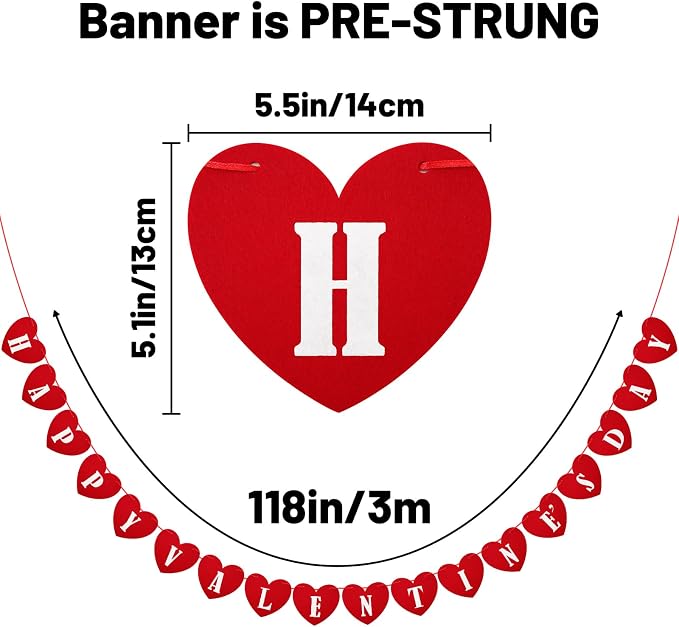 Pre-Strung Happy Valentines Day Felt Banner No DIY Valentines Day Banner | - Image 2