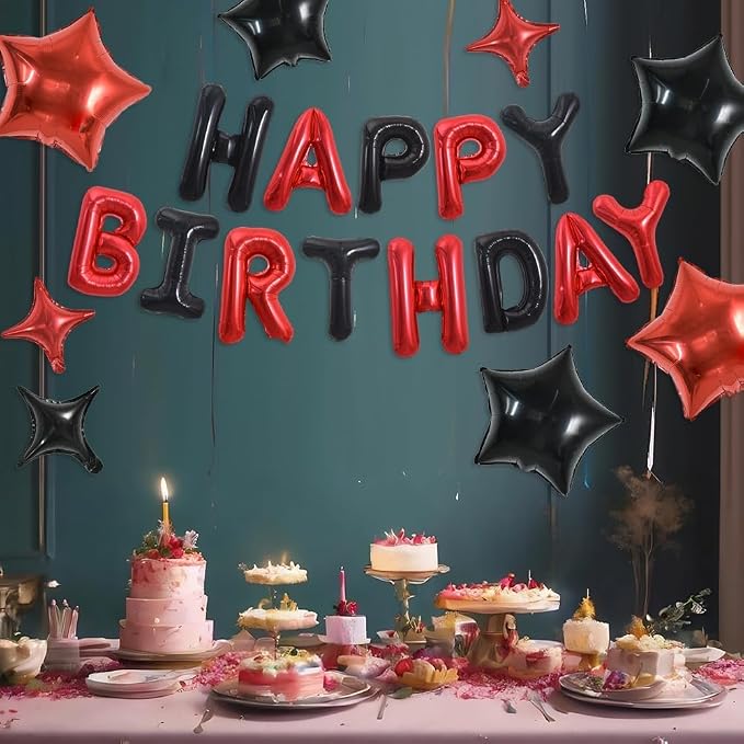 TONIFUL 35PCS 16 Inch Black Red Happy Birthday Balloon Black Red Happy Birthday - Image 3