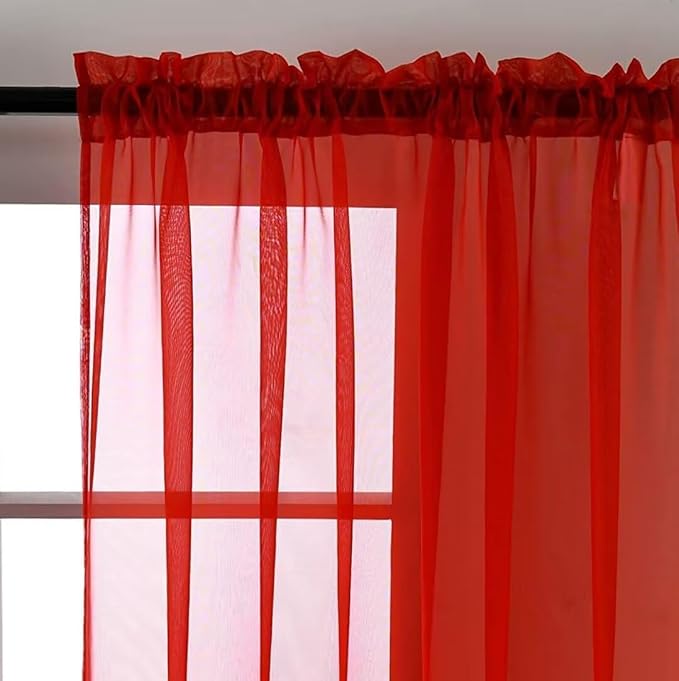 SpaceDresser Sheer Red Curtains 4 Panels Rod Pocket Semi-Sheer Curtain 45 - Image 3