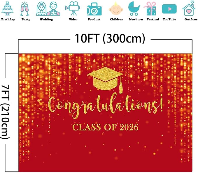 Mocsicka Class of 2026 Backdrop Red Gold Glitter Bokeh Graduation Party - Image 4