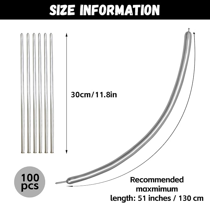 100pcs Metallic Long Balloons for Balloon Animals, Chrome 260 Balloons Art Kit - Image 2