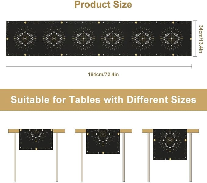 Sun Moon Table Runner - Magical Leaves Mysterious Western Traditional Elements Black White Table Runner for Party Living Room Home Kitchen Dinner - 13x36 Inch