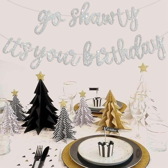 BEISHIDA Silver Pre-Strung Go Shawty It's Your Birthday Banner Decor | Glitter - Image 5