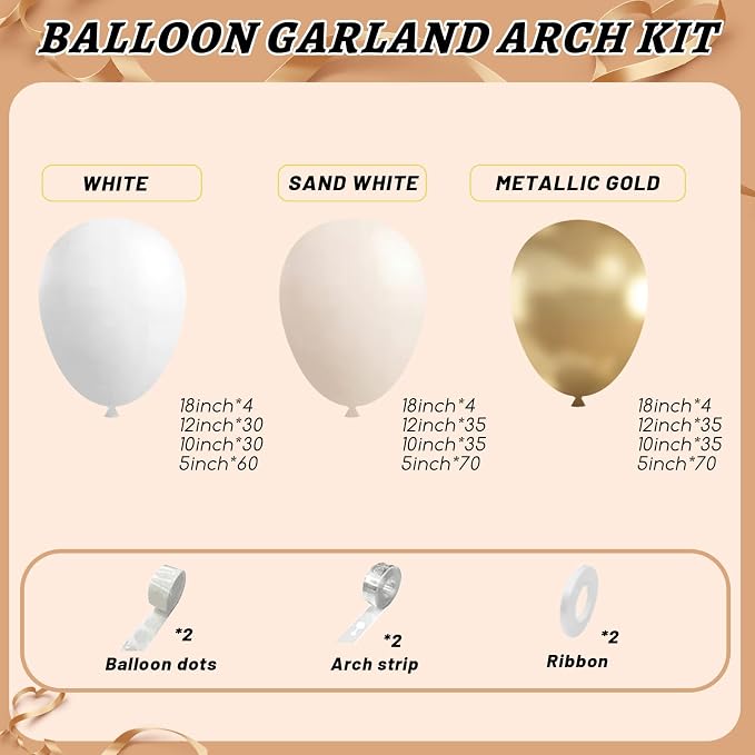 412pcs Sand White Gold Balloon Arch Kit, 18 12 10 5 Inch Different Size White - Image 2