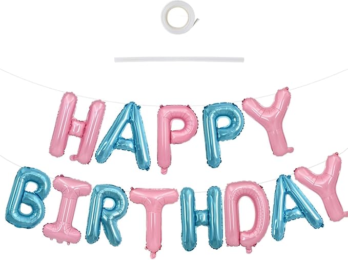 TONIFUL 16 Inch Pink Blue Happy Birthday Balloons Banner Decor by TONIFUL