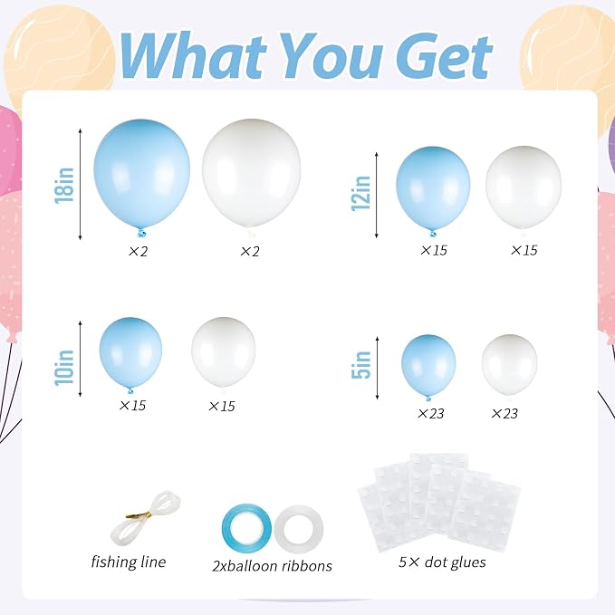 110pcs Light Blue and White Balloons Garland Arch Kit, 18/12/10/5 Inch | White - Image 2