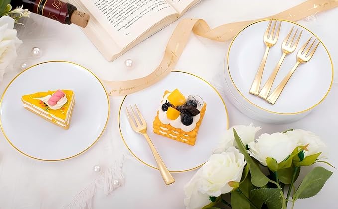 Festiva 200Pcs Gold Dessert Plates 6.3" with Forks 5"- Small Disposable Dessert/Cake/Appetizer Plates Plates- serve 100 guests include 100Plates 100Forks for Wedding Party&Thanksgiving&Christmas
