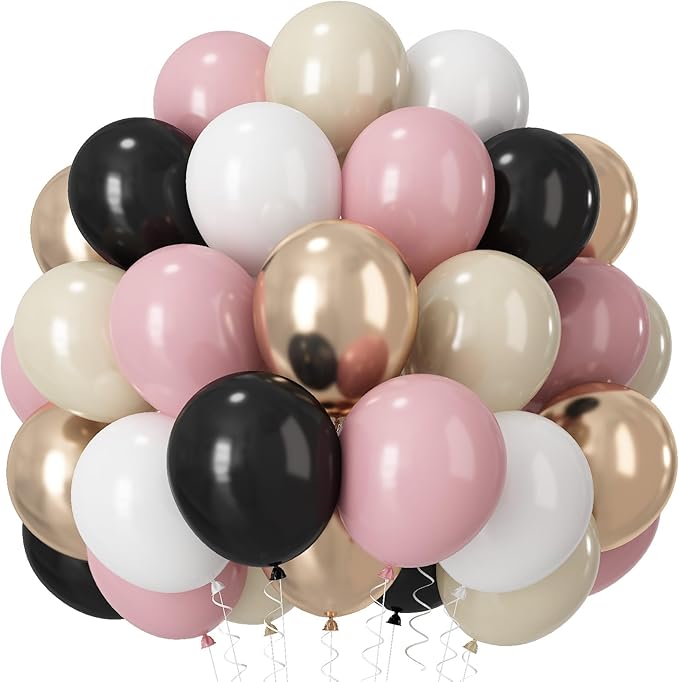 60 PCS Black and Pink Balloons, Retro Dusty Pink Ivory Sand White Black Latex by Paeyeq